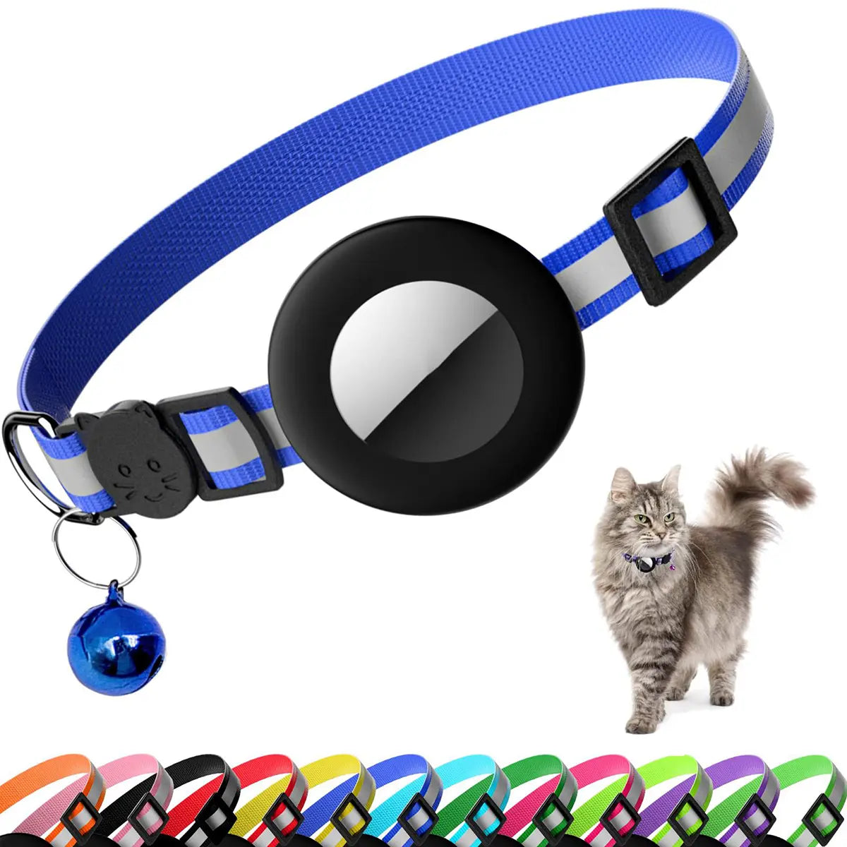 EVERBETTERUS Detachable Breakaway Reflective Cat Collar - 0.4'' Width, Adjustable Length, Bell, Airtag-Compatible GPS Tracking, Waterproof Striped Design for Safe Outdoor Use