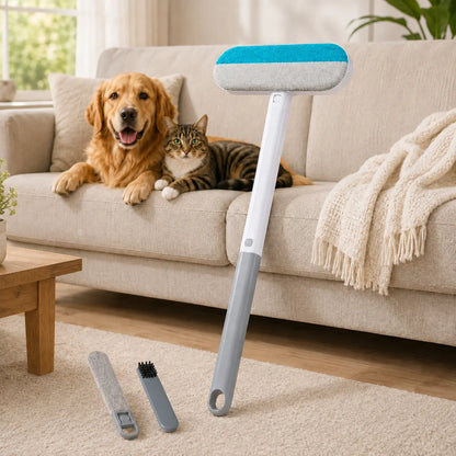4-In-1 Reusable Pet Hair Remover Brush - Long Handle, Detail Brushes, Flexible Bristles, Reusable Pads, Deshedding & Fur Removal Tool for Multi-Surface Sofas, Rugs, Bedding
