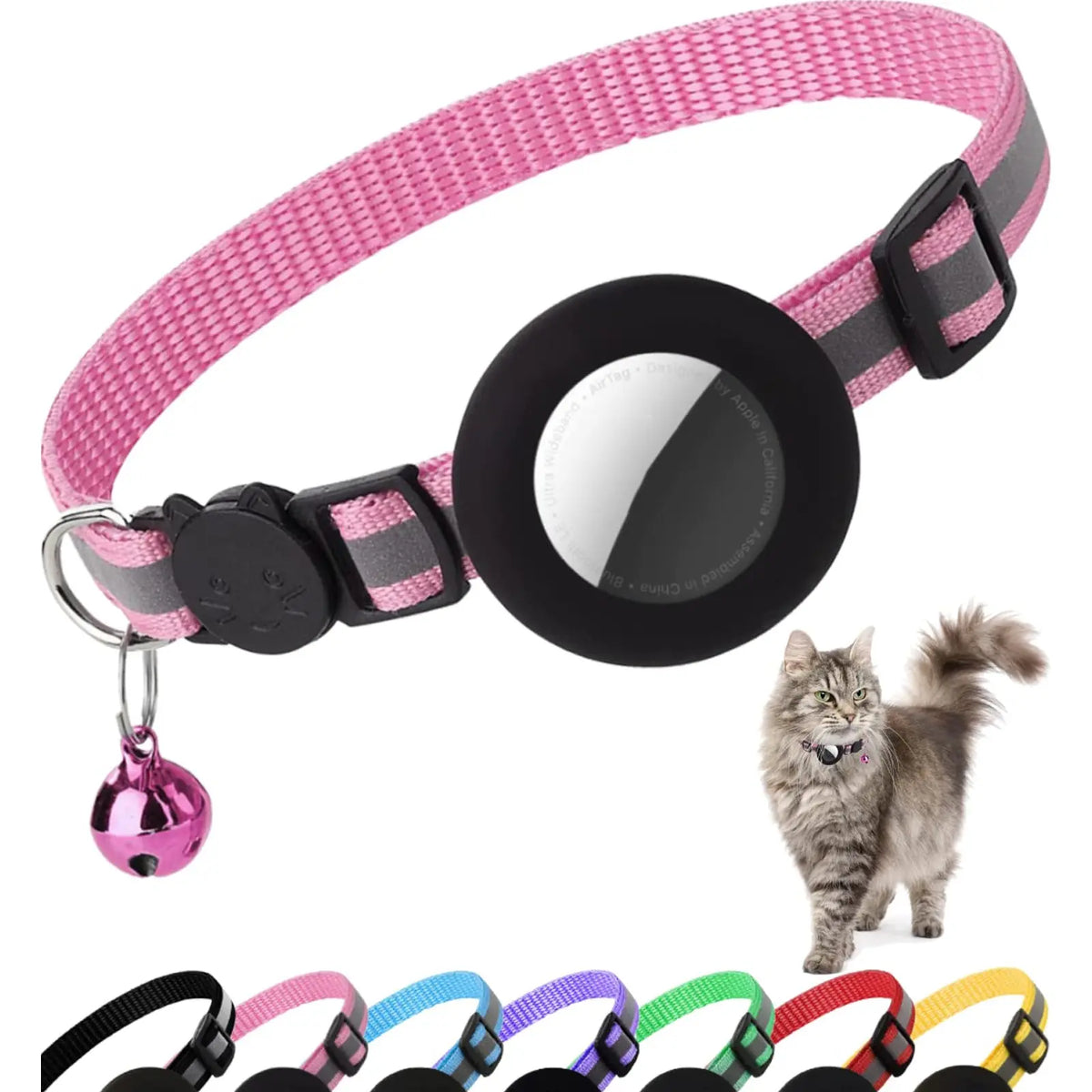EVERBETTERUS Detachable Breakaway Reflective Cat Collar - 0.4'' Width, Adjustable Length, Bell, Airtag-Compatible GPS Tracking, Waterproof Striped Design for Safe Outdoor Use