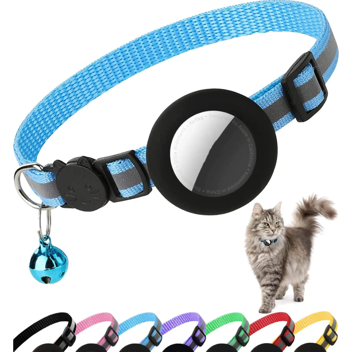 EVERBETTERUS Detachable Breakaway Reflective Cat Collar - 0.4'' Width, Adjustable Length, Bell, Airtag-Compatible GPS Tracking, Waterproof Striped Design for Safe Outdoor Use
