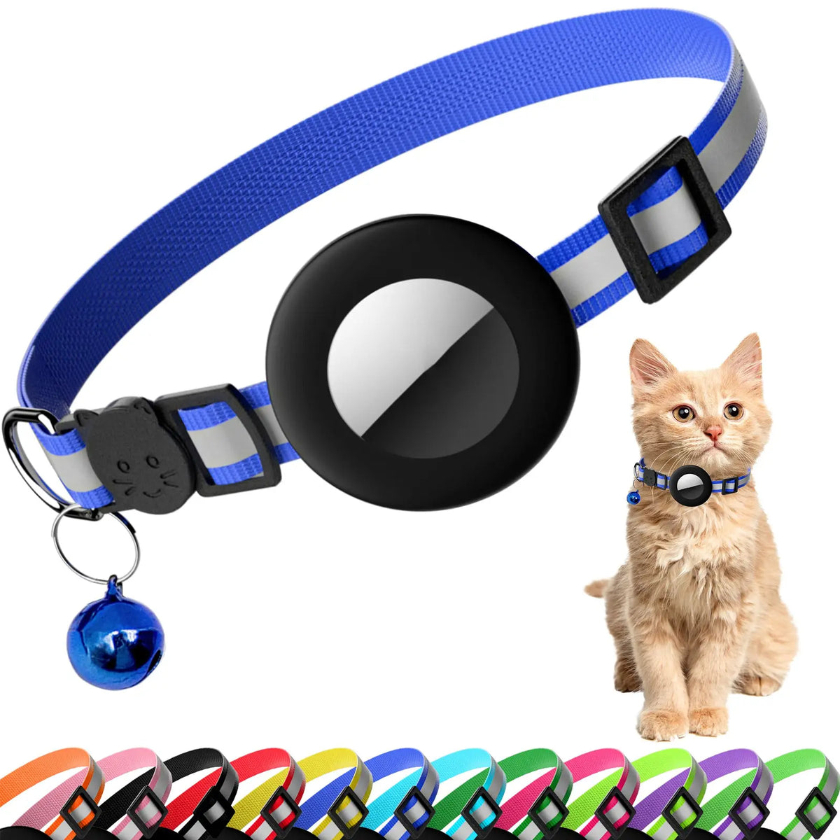 EVERBETTERUS Detachable Breakaway Reflective Cat Collar - 0.4'' Width, Adjustable Length, Bell, Airtag-Compatible GPS Tracking, Waterproof Striped Design for Safe Outdoor Use