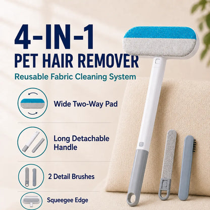 4-In-1 Reusable Pet Hair Remover Brush - Long Handle, Detail Brushes, Flexible Bristles, Reusable Pads, Deshedding & Fur Removal Tool for Multi-Surface Sofas, Rugs, Bedding