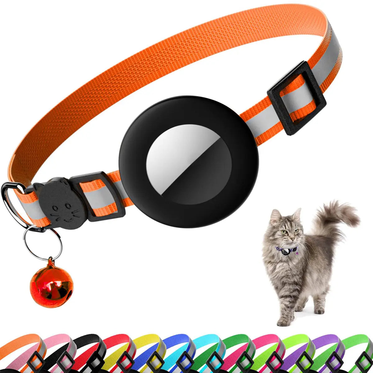 EVERBETTERUS Detachable Breakaway Reflective Cat Collar - 0.4'' Width, Adjustable Length, Bell, Airtag-Compatible GPS Tracking, Waterproof Striped Design for Safe Outdoor Use