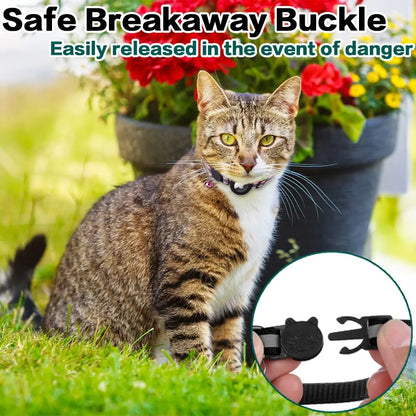 EVERBETTERUS Detachable Breakaway Reflective Cat Collar - 0.4'' Width, Adjustable Length, Bell, Airtag-Compatible GPS Tracking, Waterproof Striped Design for Safe Outdoor Use